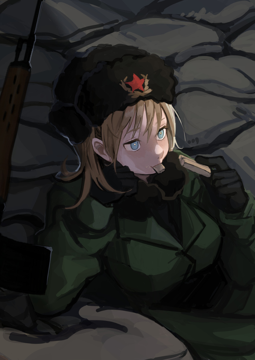 1girl, black_gloves, blonde_hair, blue_eyes, coat, dragunov_svd, eating, field_ration, fur_hat, gloves, green_coat, gun, hat, highres, kmusy_mp4, military, military_uniform, original, red_star, rifle, sandbag, sniper_rifle, solo, soviet, soviet_army, star_(symbol), uniform, ushanka, weapon