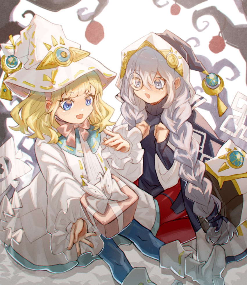 2girls, asteria_of_the_white_woods, blonde_hair, blue_eyes, boots, box, braid, dress