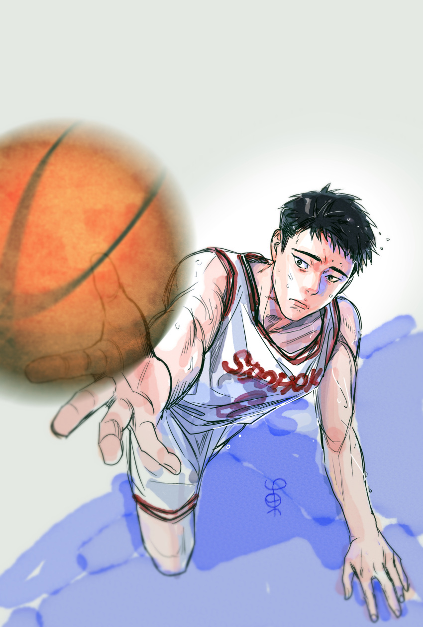 1boy, absurdres, ball, basketball_(object), basketball_jersey, basketball_uniform, black_eyes, black_hair