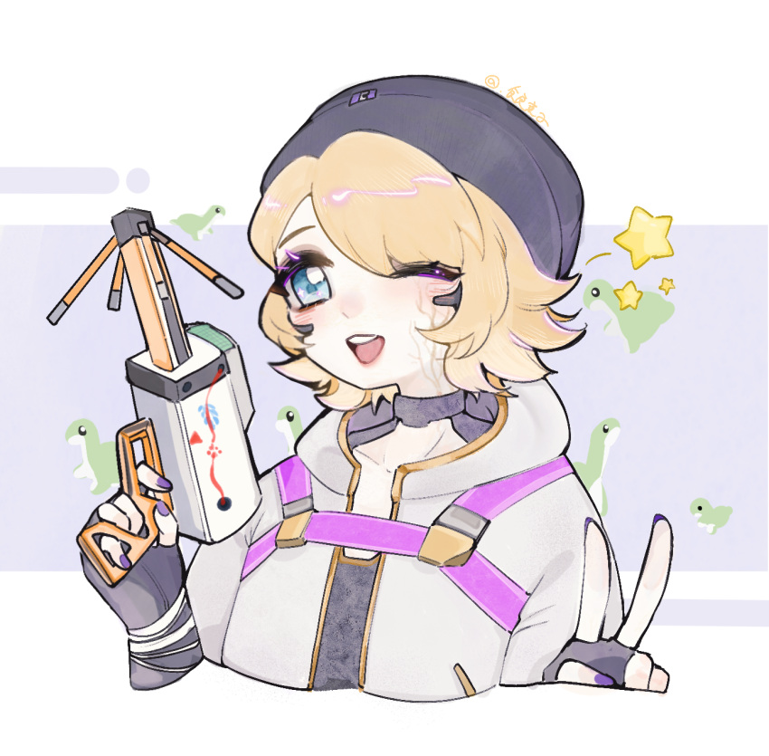 1girl, apex_legends, beanie, black_choker, black_gloves, black_hat, black_shirt, blonde_hair