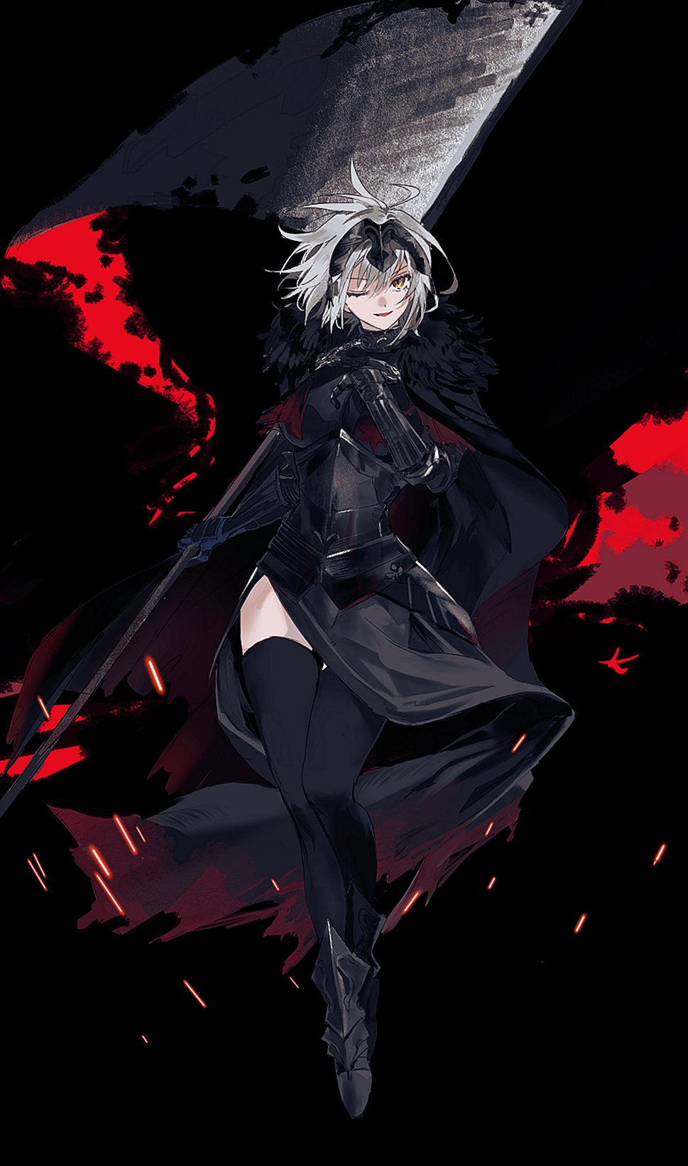 1girl, ahoge, armor, armored_dress, banner, black_cape, black_dress, black_thighhighs