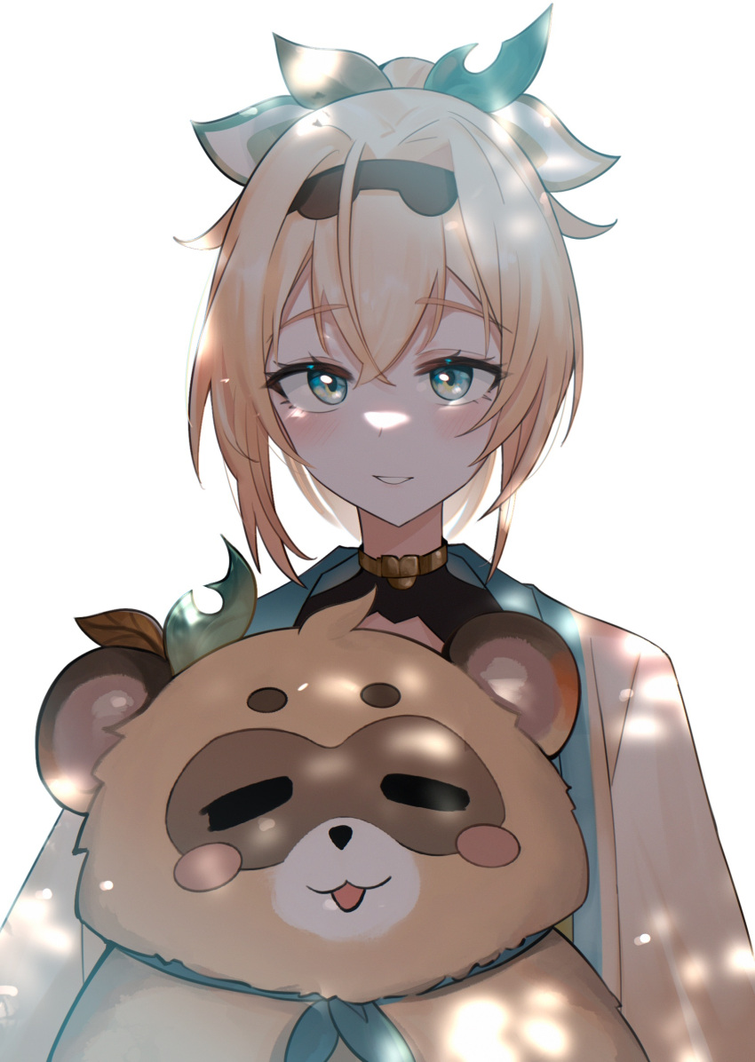 1girl, :3, black_hairband, black_shrug, blonde_hair, blush, blush_stickers, bow