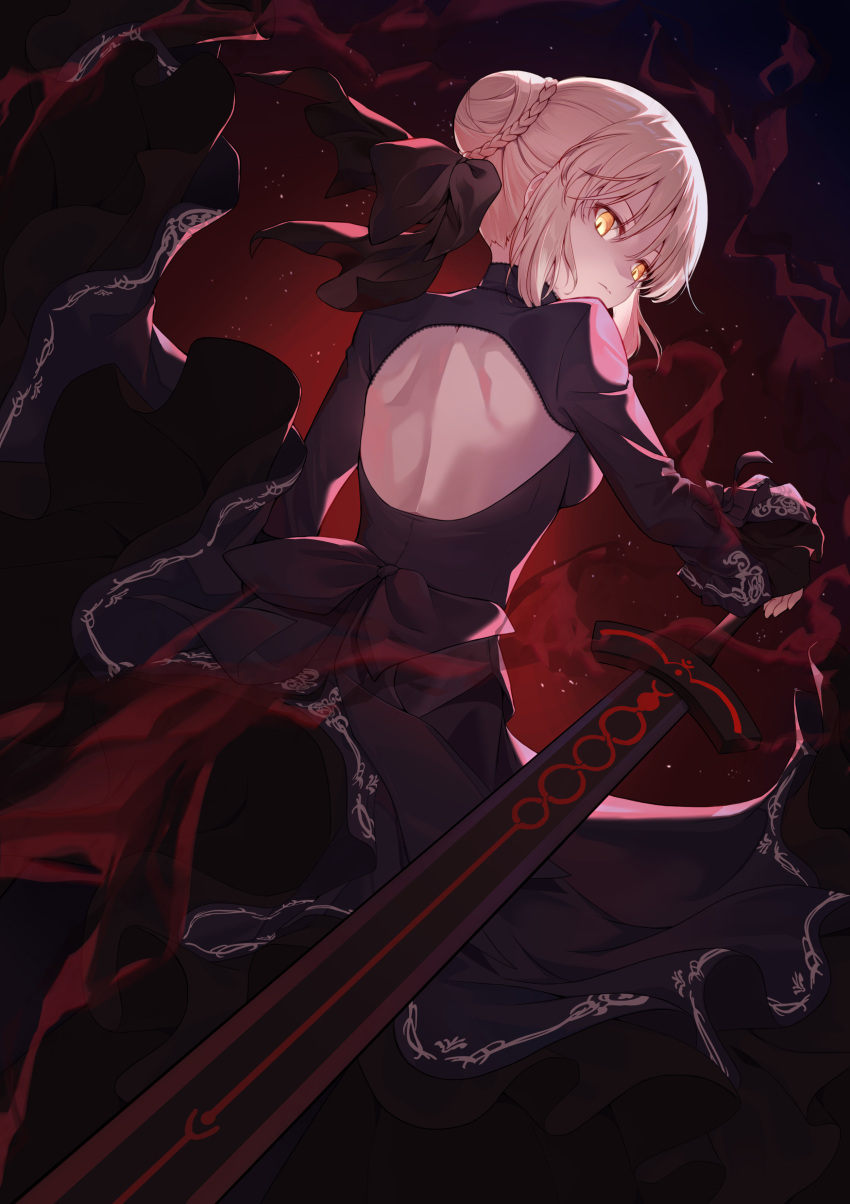 1girl, absurdres, ajeu914, artoria_pendragon_(fate), back, black_dress, black_ribbon, blonde_hair