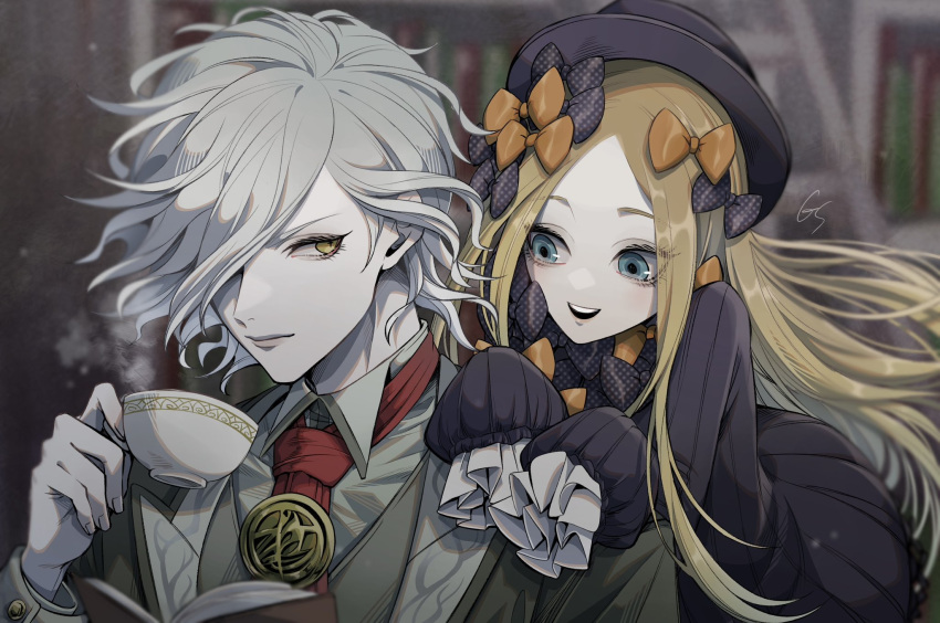 1boy, 1girl, abigail_williams_(fate), black_dress, blonde_hair, blue_eyes, bow, child