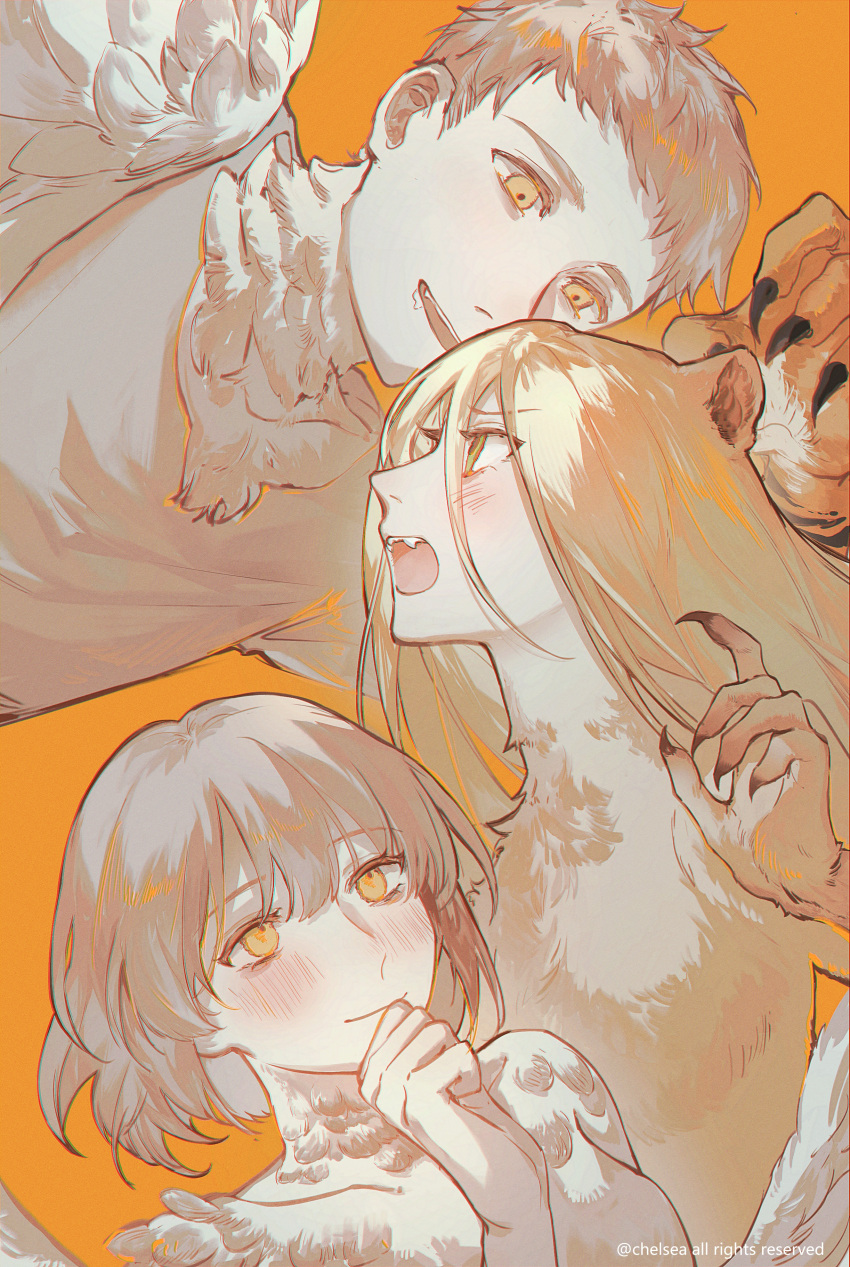 1boy, 2girls, absurdres, animal_ears, artist_name, black_nails, blonde_hair, blush, body_fur, brother_and_sister, brown_fur, caibaozi, chinese_commentary, claws, commentary_request, copyright_notice, drooling, dungeon_meshi, falin_touden, falin_touden_(chimera), fangs, feathers, green_eyes, hand_on_own_chin, hand_up, highres, laios_touden, laios_touden_(chimera), light_brown_hair, long_hair, looking_at_another, marcille_donato, marcille_donato_(scylla), monster_boy, monster_girl, multiple_girls, open_mouth, orange_background, short_hair, siblings, simple_background, smile, upper_body, yellow_eyes