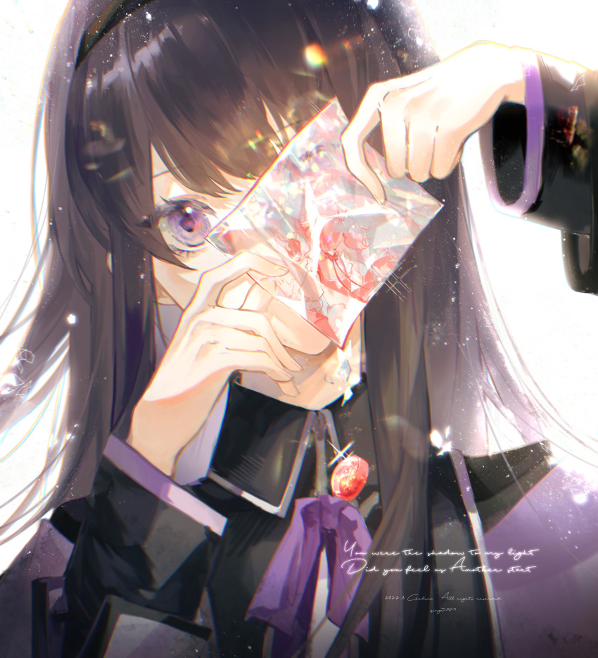 absurdres, akemi_homura, black_hair, black_hairband, caibaozi, capelet, character_print, chinese_commentary