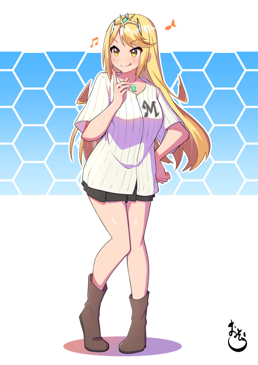 1girl, :p, beamed_eighth_notes, black_skirt, blonde_hair, blush, boots, breasts