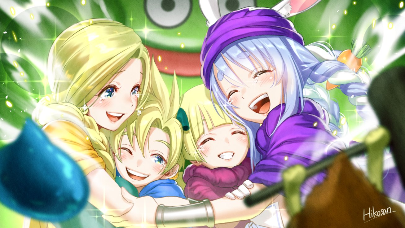 1boy, 3girls, animal_ears, artist_name, bianca_(dq5), blonde_hair, blue_cape, blue_eyes
