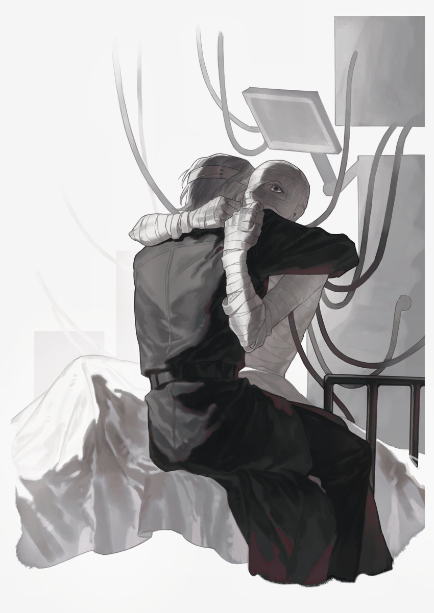 1boy, 1other, 621_(armored_core_6), ambiguous_gender, armored_core, armored_core_6, bandage_over_one_eye, bandaged_arm, bandaged_chest, bandaged_head, bandages, bed, black_coat, black_eyes, black_pants, blanket, coat, cowboy_shot, grey_hair, handler_walter, highres, hug, la_bo_chu_shi, long_sleeves, monitor, pants, short_hair, sitting, white_background