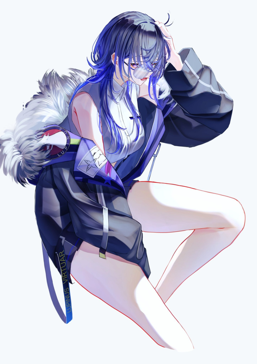 1girl, black_hair, black_jacket, blue_hair, from_side, fur-trimmed_jacket, fur_trim, glasses, grey_background, hand_on_own_head, highres, ichinose_uruha, jacket, legs, long_hair, looking_at_viewer, lupinus_virtual_games, minto_(minto_rururu), multicolored_hair, open_clothes, open_jacket, open_mouth, shirt, simple_background, sleeveless, sleeveless_shirt, solo, thighs, violet_eyes, virtual_youtuber, vspo!, white_shirt