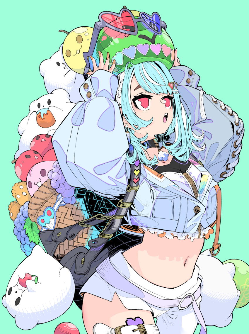1girl, absurdres, basket, belt, black_shirt, blue_hair, cowboy_shot, food