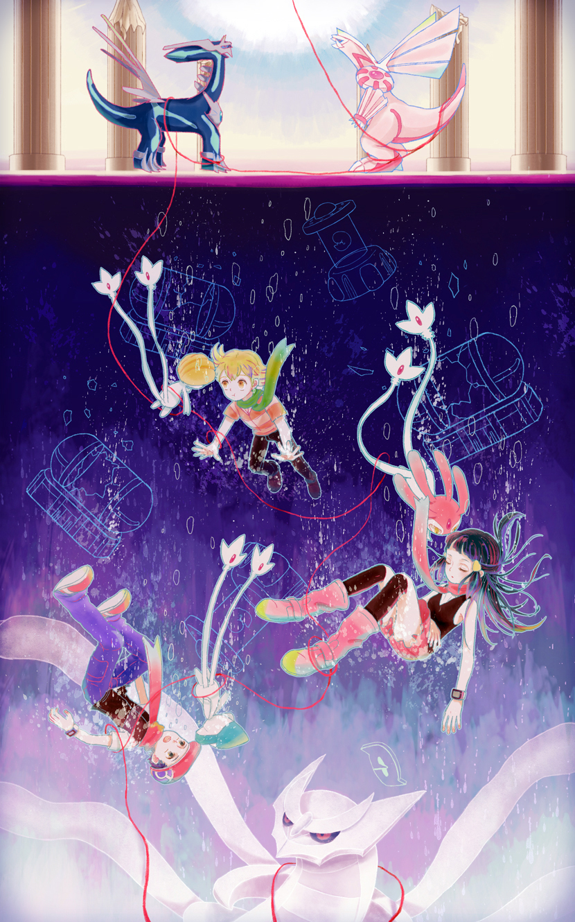 1girl, 2boys, azelf, barry_(pokemon), black_pants, black_shirt, blue_pants, closed_eyes
