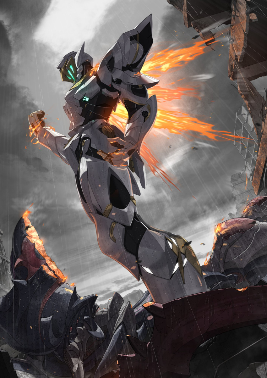 1other, armor, breastplate, burning, debris, fire, gloves, glowing_headgear, green_light, helmet, highres, honkai:_star_rail, honkai_(series), looking_at_viewer, meda, outdoors, pauldrons, rain, ruins, sam_(honkai:_star_rail), shoulder_armor, solo, white_armor