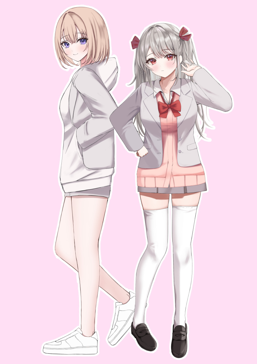 2girls, absurdres, ara1e, blonde_hair, blush, cardigan, dress_shirt, grey_hair