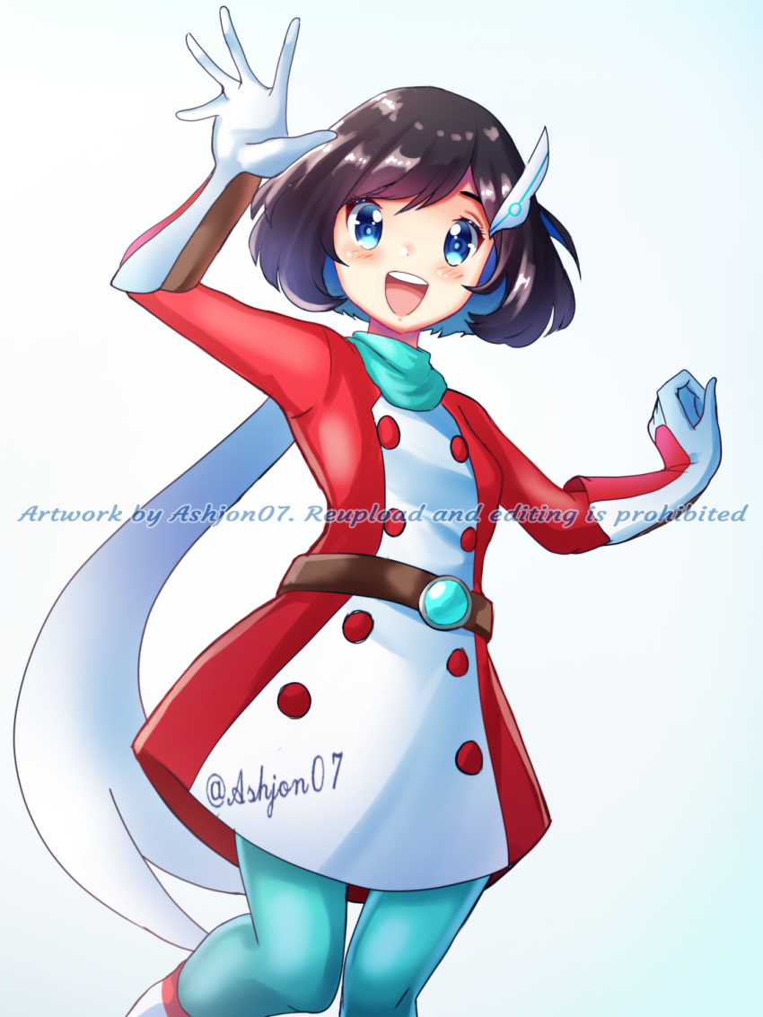 1girl, :d, ashujou, black_hair, blue_eyes, blue_pantyhose, dress, gloves, hair_ornament, highres, long_sleeves, looking_at_viewer, official_alternate_costume, open_mouth, pantyhose, pokemon, pokemon_masters_ex, red_dress, scarf, selene_(pokemon), selene_(special_costume)_(pokemon), short_hair, smile, solo, teeth, twitter_username, two-tone_dress, upper_teeth_only, white_background, white_dress, white_gloves
