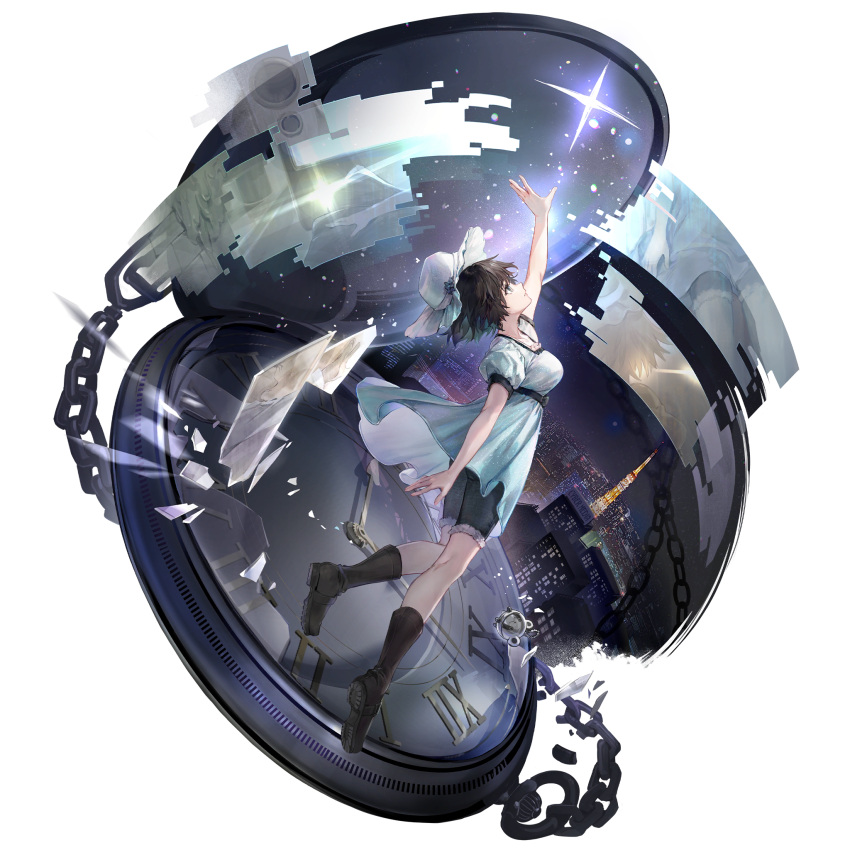1girl, arm_up, black_footwear, black_hair, blue_dress, blue_hat, broken, broken_chain