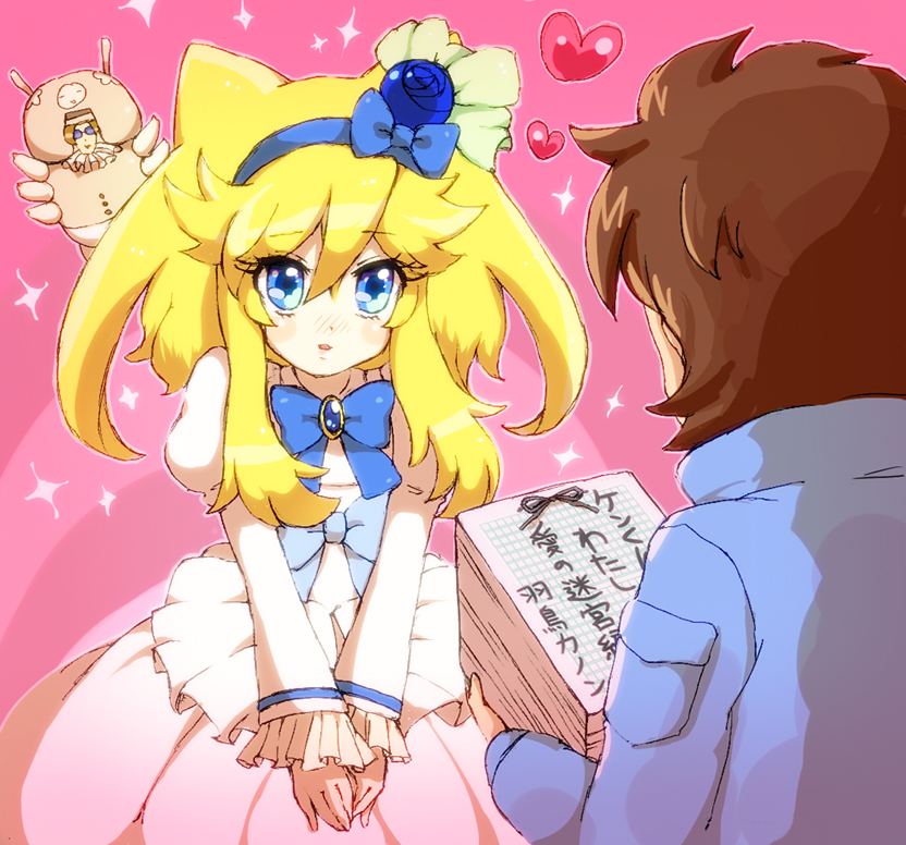 blonde_hair, blue_eyes, blush, bow, brown_hair, caterpillar, dress, flower, formal, futatsugi_kyousuke, glasses, gown, hair_flower, hair_ornament, hair_ribbon, hairband, hatori_kanon, headdress, heart, inomata_ken, jacket, love, open_mouth, owarine_miku, ribbon