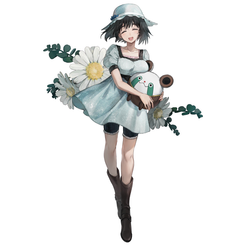 1girl, :d, ^_^, black_hair, blue_dress, blue_hair, blush, boots