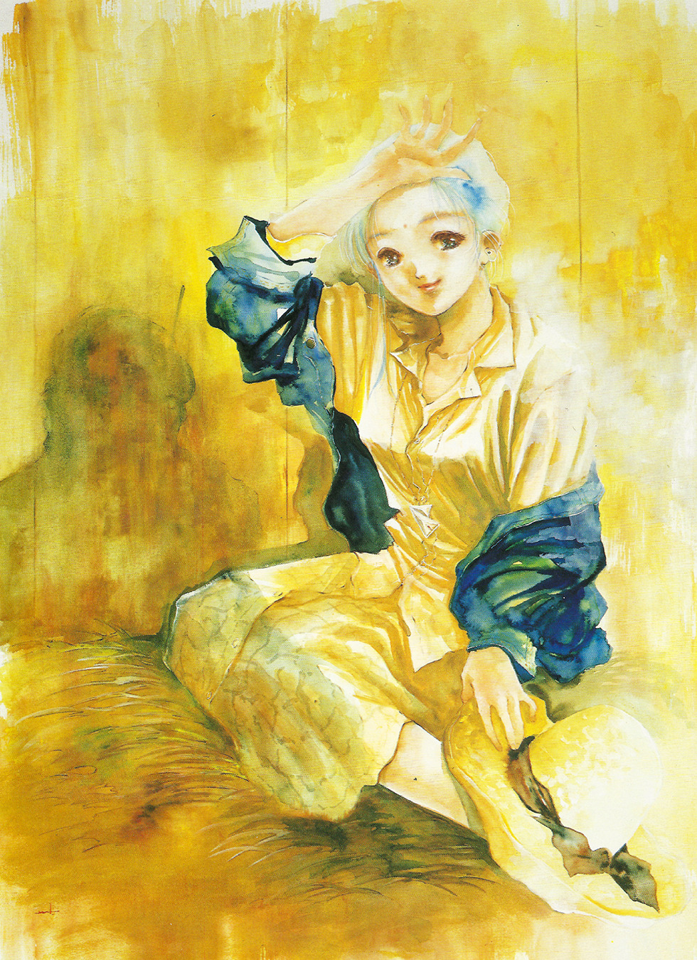 1990s_(style), 1girl, blue_hair, concept_art, dress, grass, hand_on_own_head, happy