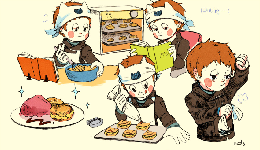 1boy, :q, alternate_headwear, animal-themed_food, animal_ear_headband, animal_ears, animal_print, artist_name