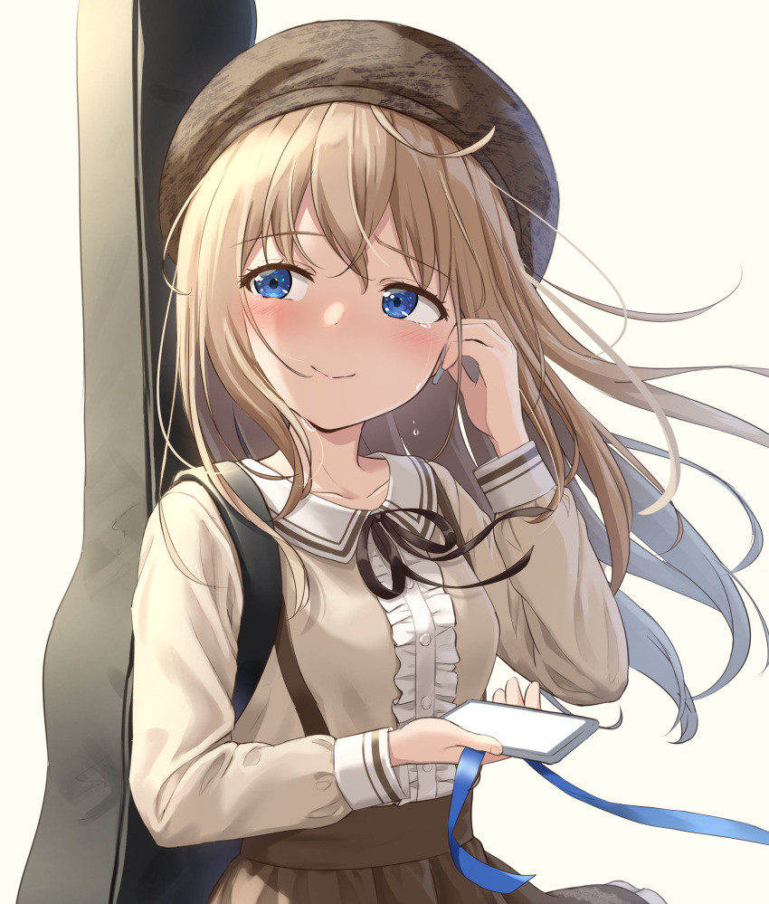 1girl, absurdres, adjusting_earphones, beret, black_ribbon, blue_eyes, blue_ribbon, blush