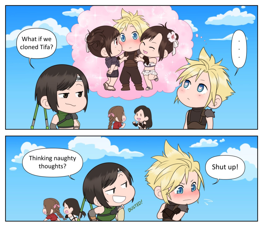 1boy, 3girls, aerith_gainsborough, blue_sky, blush, chibi, chibi_only, cloud_strife