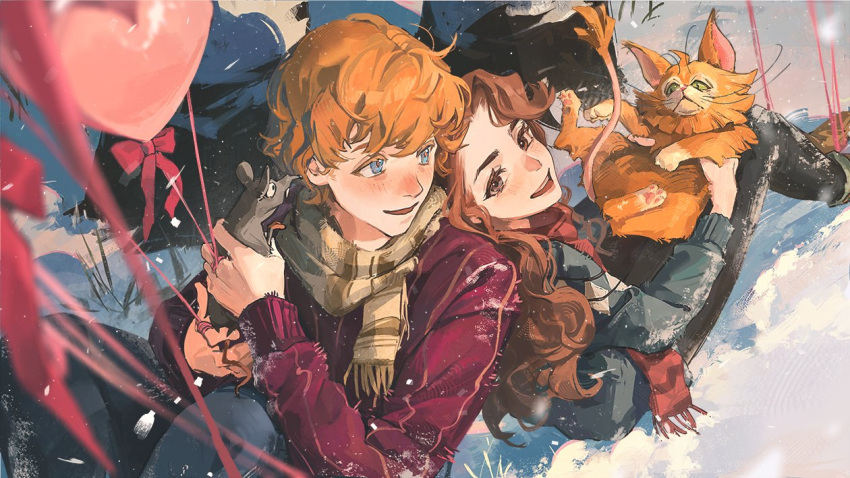 1boy, 1girl, animal, balloon, black_pants, blue_eyes, blue_sweater, blush