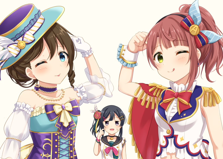 3girls, ;p, ;q, armpit_crease, azuna_(love_live!), black_choker, black_hair, black_sailor_collar