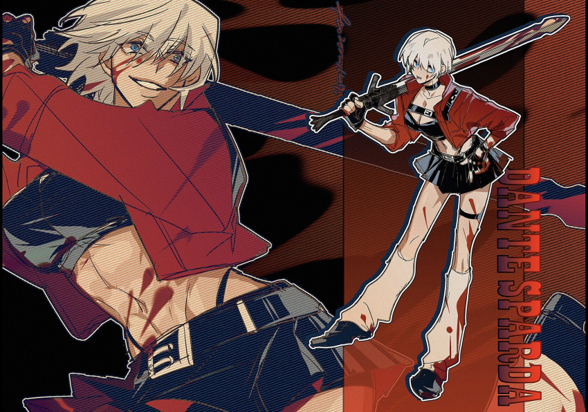 1girl, 3hkxbot, abs, blood, blood_on_face, blue_eyes, breasts, choker