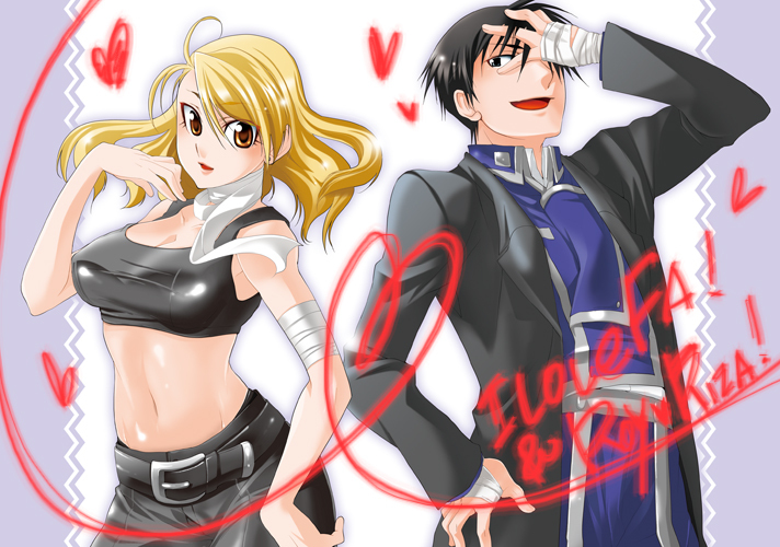 belt, black_eyes, black_hair, blonde_hair, breasts, brown_eyes, cleavage, fullmetal_alchemist