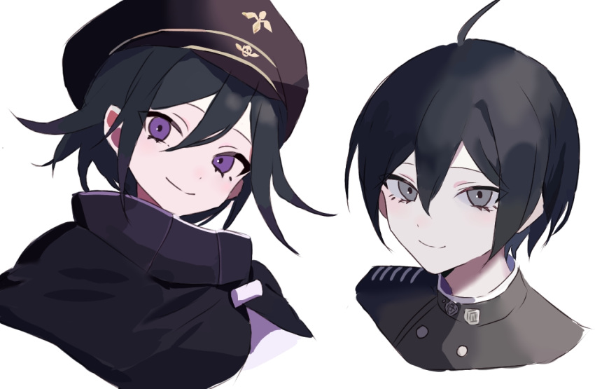 2boys, ahoge, black_cape, black_hair, black_hat, black_jacket, cape, cropped_shoulders