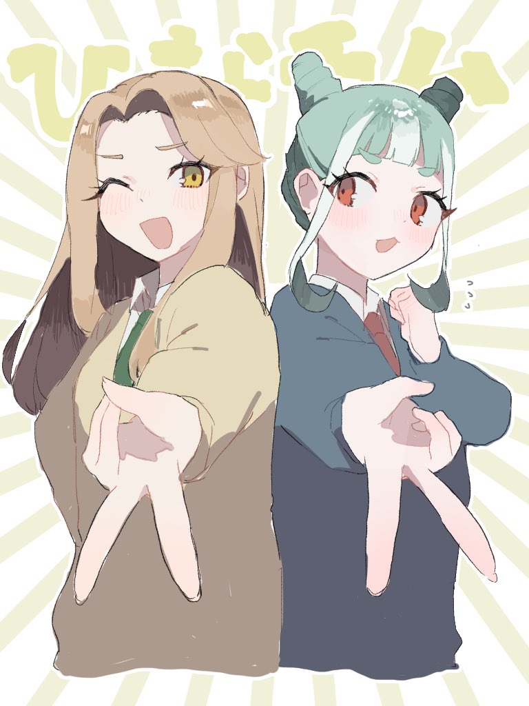 2girls, :d, ;d, blunt_bangs, cardigan, chikuwa_(tikuwa_primagi), chimumu, collared_shirt