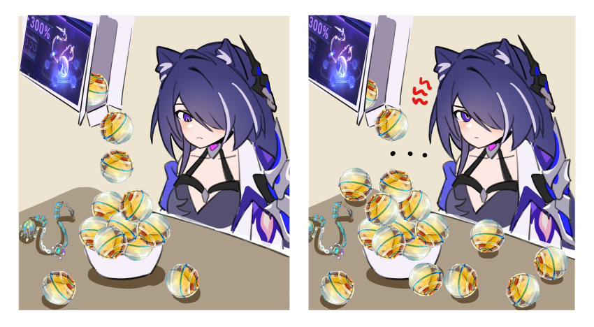 ..., 1girl, absurdres, acheron_(honkai:_star_rail), angry, animal_ears, black_choker, bowl