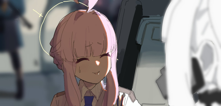 ahoge, baneposting_(meme), batman_(series), blue_archive, blue_necktie, blunt_bangs, blurry, blurry_foreground