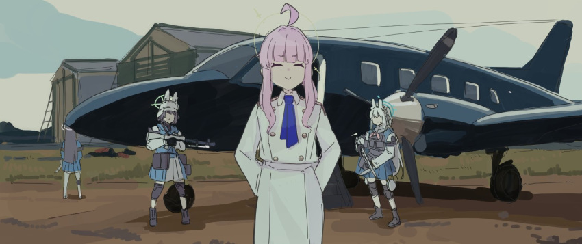 4girls, ahoge, aircraft, airplane, arms_behind_back, baneposting_(meme), batman_(series), blue_archive