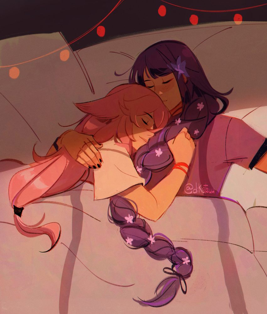 2girls, absurdres, animal_ears, arm_around_shoulder, bed, black_hair, blunt_bangs, braid, breast_pillow, closed_eyes, closed_mouth, couple, dikatsuu, fairy_lights, flower, fox_ears, genshin_impact, hair_flower, hair_ornament, head_rest, highres, indoors, long_hair, low-tied_long_hair, lying, multiple_girls, on_back, pink_hair, purple_hair, raiden_shogun, shirt, single_braid, sleeping, straight_hair, string_lights, t-shirt, twitter_username, under_covers, upper_body, white_shirt, yae_miko, yuri