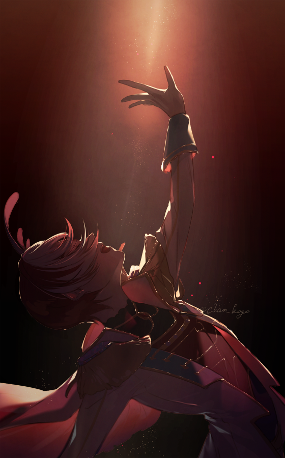 1girl, arm_up, backlighting, cape, commentary_request, epaulettes, facing_up, gold_trim, idol_clothes, jacket, ko_(kochan_pr), leaning_back, long_sleeves, multicolored_hair, open_mouth, outstretched_arm, pretty_series, profile, red_background, redhead, reverse_trap, short_hair, solo, spotlight, streaked_hair, sumeragi_amane_(pretty_series), sumeragi_amane_(pretty_series)_(primagista), upper_body, waccha_primagi!, white_jacket