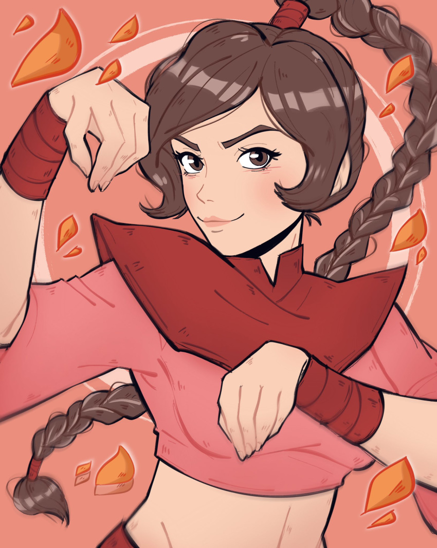 1girl, avatar:_the_last_airbender, avatar_legends, braid, breasts, brown_eyes, closed_mouth, hands_up