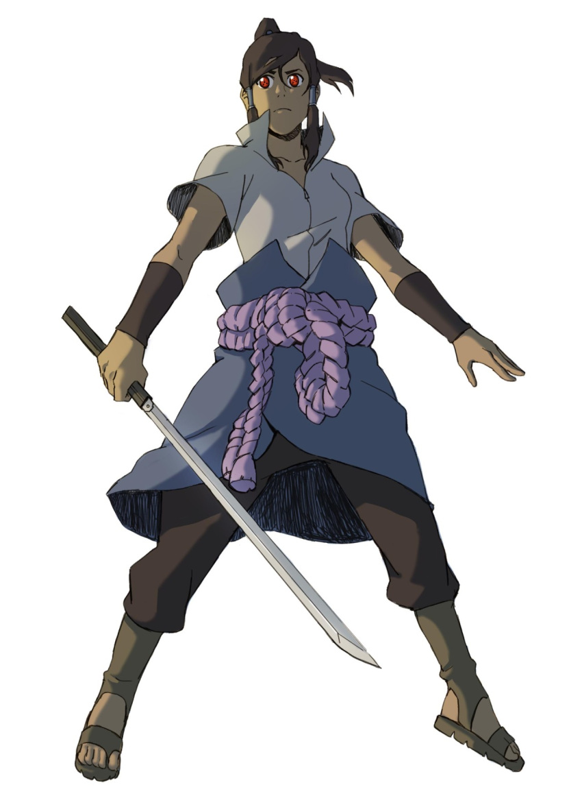 1girl, avatar_legends, brown_hair, brown_pants, chokutou, closed_mouth, cosplay, crossover, dark-skinned_female, dark_skin, english_commentary, full_body, grey_shirt, highres, holding, holding_sword, holding_weapon, korra, long_hair, misterunagi, naruto_(series), naruto_shippuuden, pants, ponytail, red_eyes, sandals, sharingan, shirt, short_sleeves, sidelocks, simple_background, solo, sword, the_legend_of_korra, uchiha_sasuke, uchiha_sasuke_(cosplay), weapon, white_background