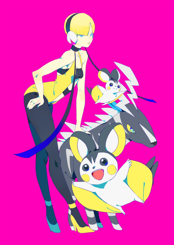 bandeau, black_pantyhose, blonde_hair, blue_eyes, bob_cut, choker, electricity, emolga