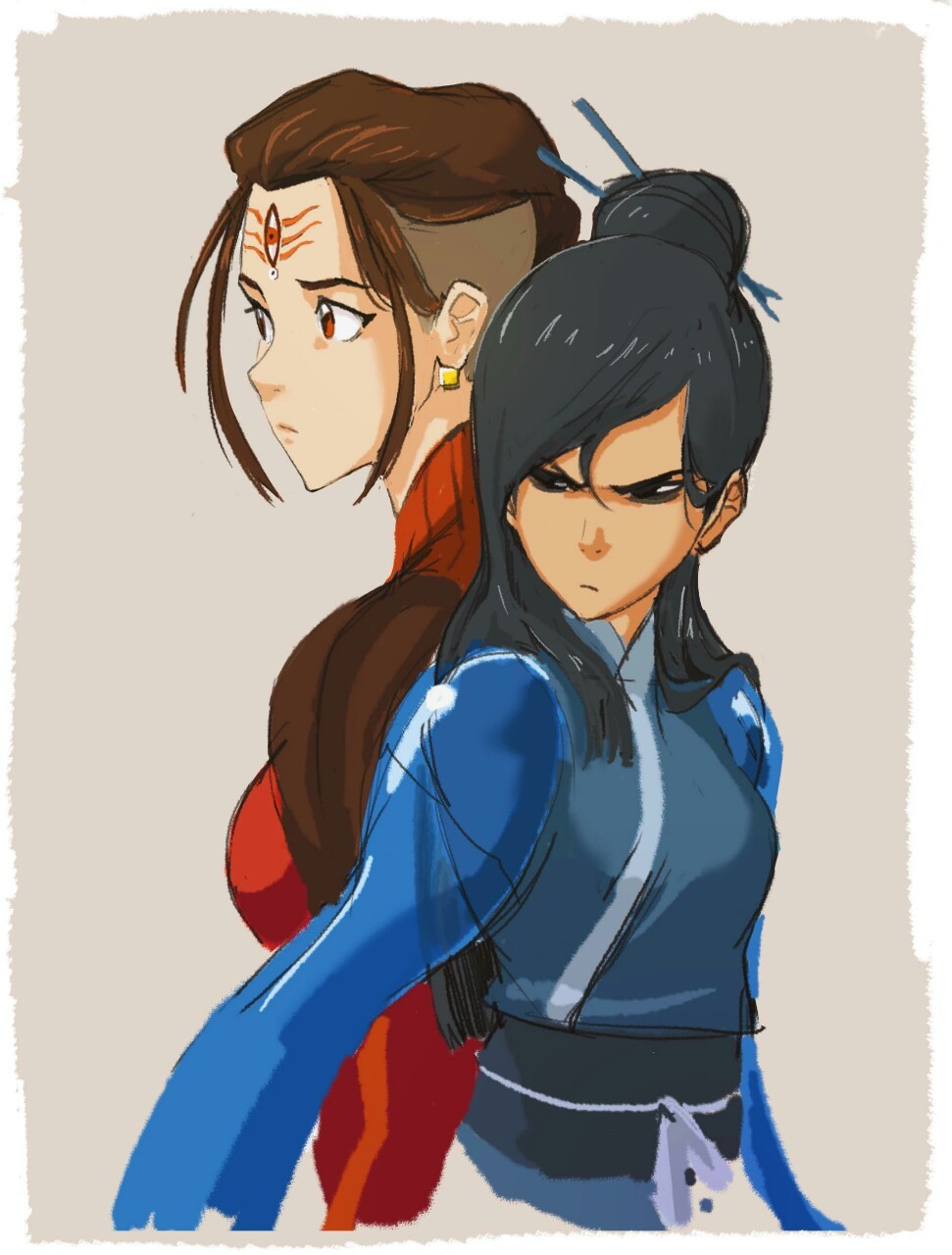 2girls, avatar_legends, back-to-back, black_eyes, black_hair, brown_background, brown_hair, chinese_clothes