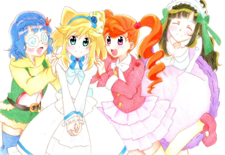 anyamal_tantei_kirumin_zoo, belt, blonde_hair, blue_eyes, blue_hair, blush, bow, braid