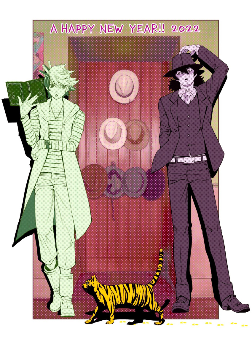 2022, 2boys, belt, black_hair, black_pants, book, boots, border