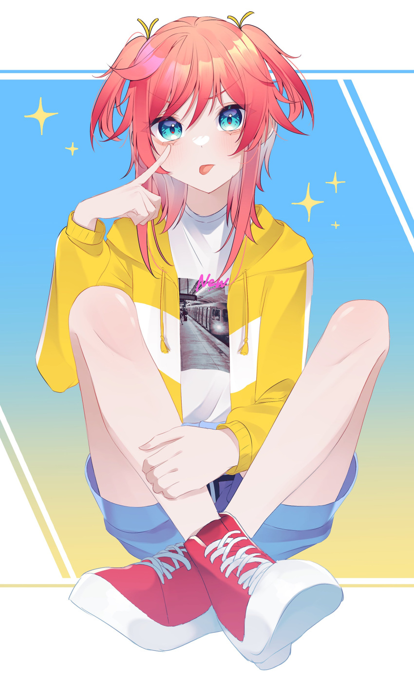 1girl, :p, absurdres, akanbe, blue_eyes, blue_shorts, blush, closed_mouth