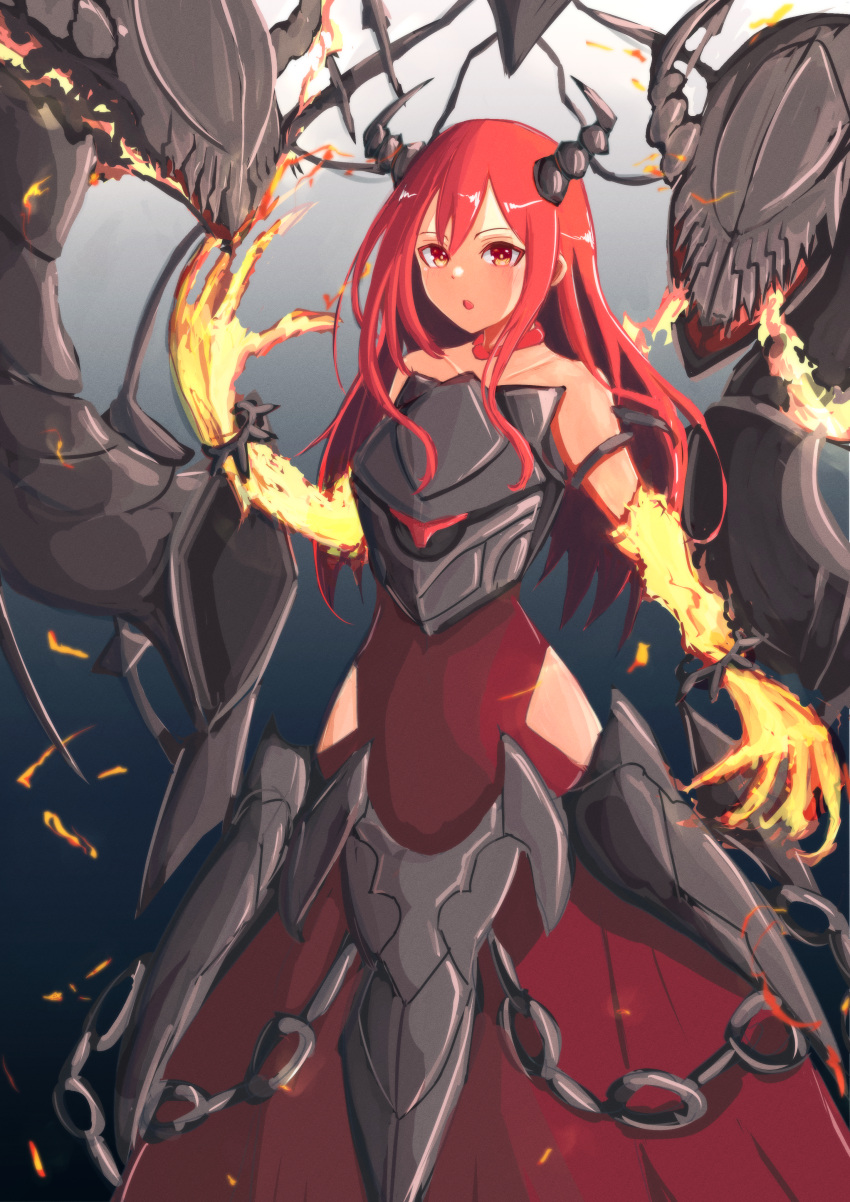 1girl, absurdres, armor, armored_dress, chain, chest_armor, clothing_cutout, demon_girl