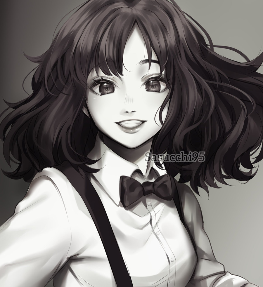 1girl, album_cover_redraw, artist_name, black_background, black_bow, black_bowtie, black_eyes, black_hair