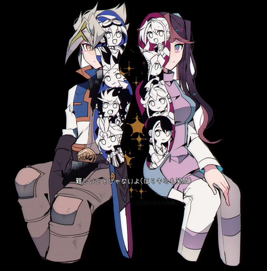 5boys, 5girls, absurdres, akaba_rei, belt, belt_buckle, black_background, blue_dress