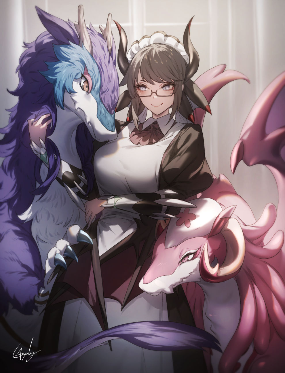 3girls, apron, black_hair, breasts, dragon, dragon_girl, dragon_horns, dragon_tail, dragon_wings, dragonmaid_ernus, dragonmaid_nudyarl, dress, duel_monster, genyaky, glasses, highres, horns, house_dragonmaid, large_breasts, laundry_dragonmaid, long_sleeves, maid, maid_apron, maid_headdress, multiple_girls, nurse_dragonmaid, short_hair, tail, wings, yu-gi-oh!