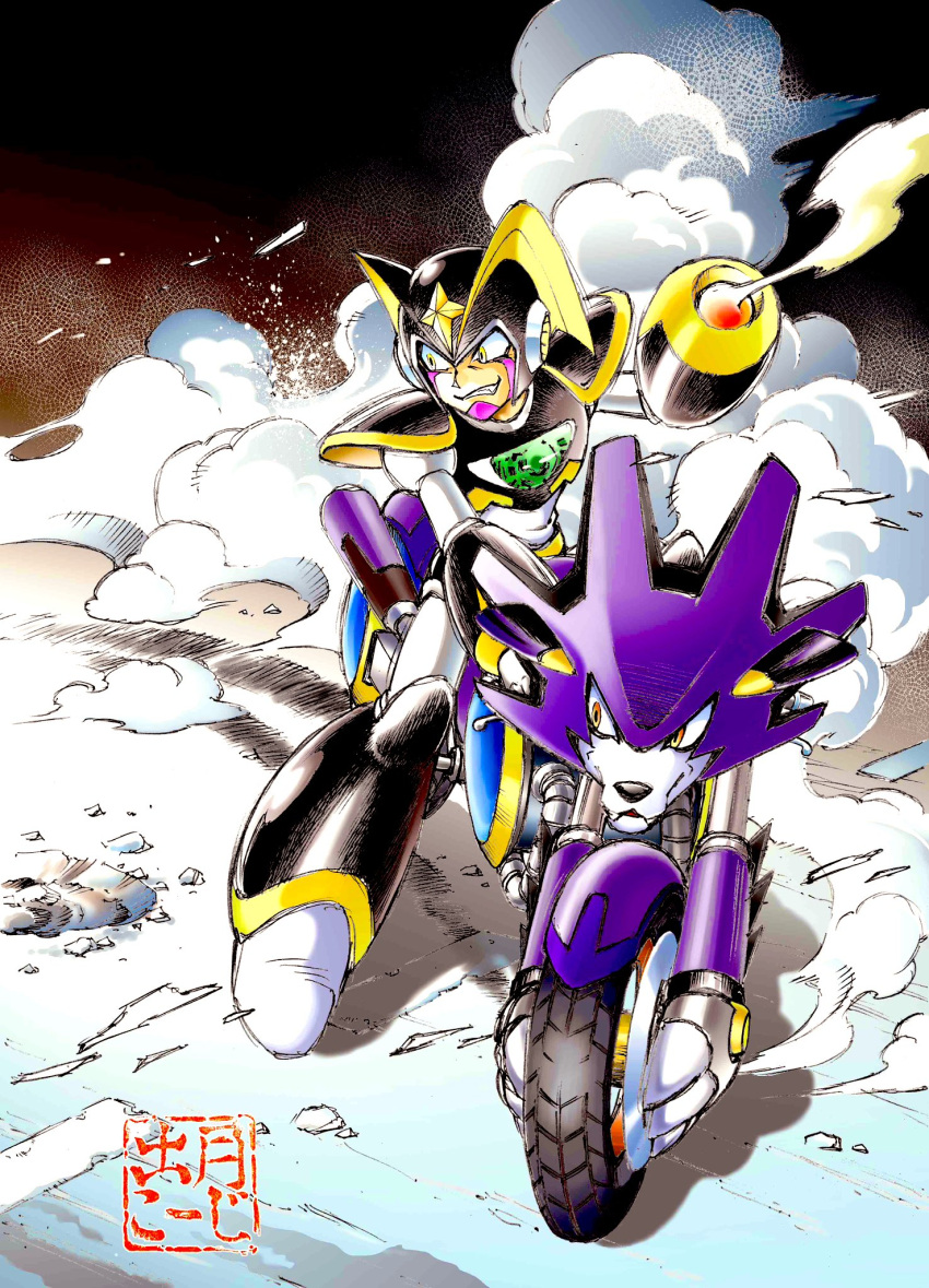 1boy, arm_cannon, armor, bass_(mega_man), bass_day, black_armor, black_helmet, chest_jewel