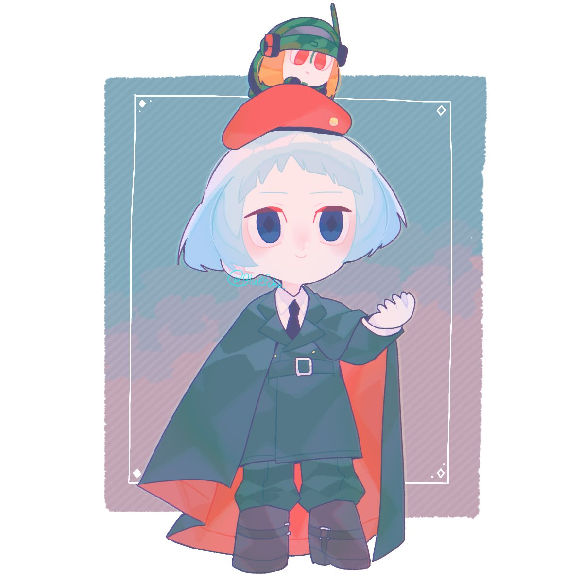 2boys, beret, blue_eyes, boots, brown_footwear, chibi, cloak, coat